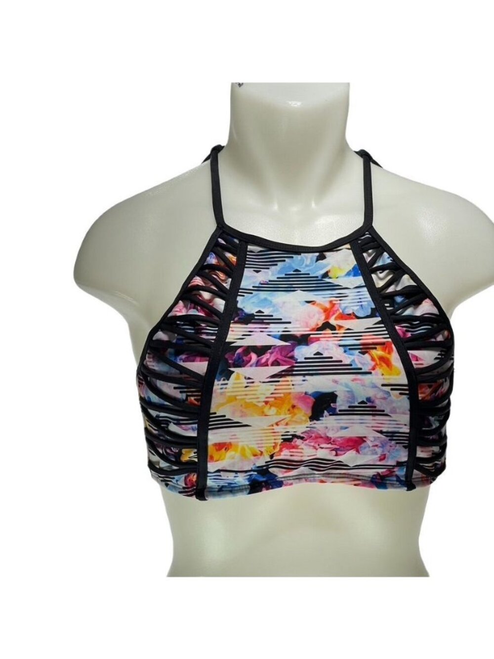 Kenneth Cole Womens Swim Top Floral Print Strappy Back High Neck Size L